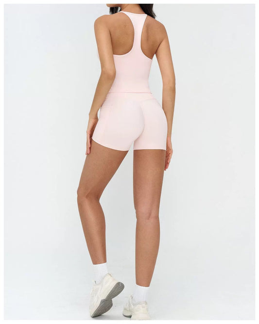 NoonFit Sculpt Pocket Şort | Yüksek Çapraz Belli Toparlayıcı Spor Şort Açık Pembe