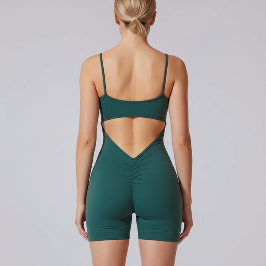 Kadın Sırtı Açık Spor Tulum – Kısa Tayt Form Fitness & Pilates Romper