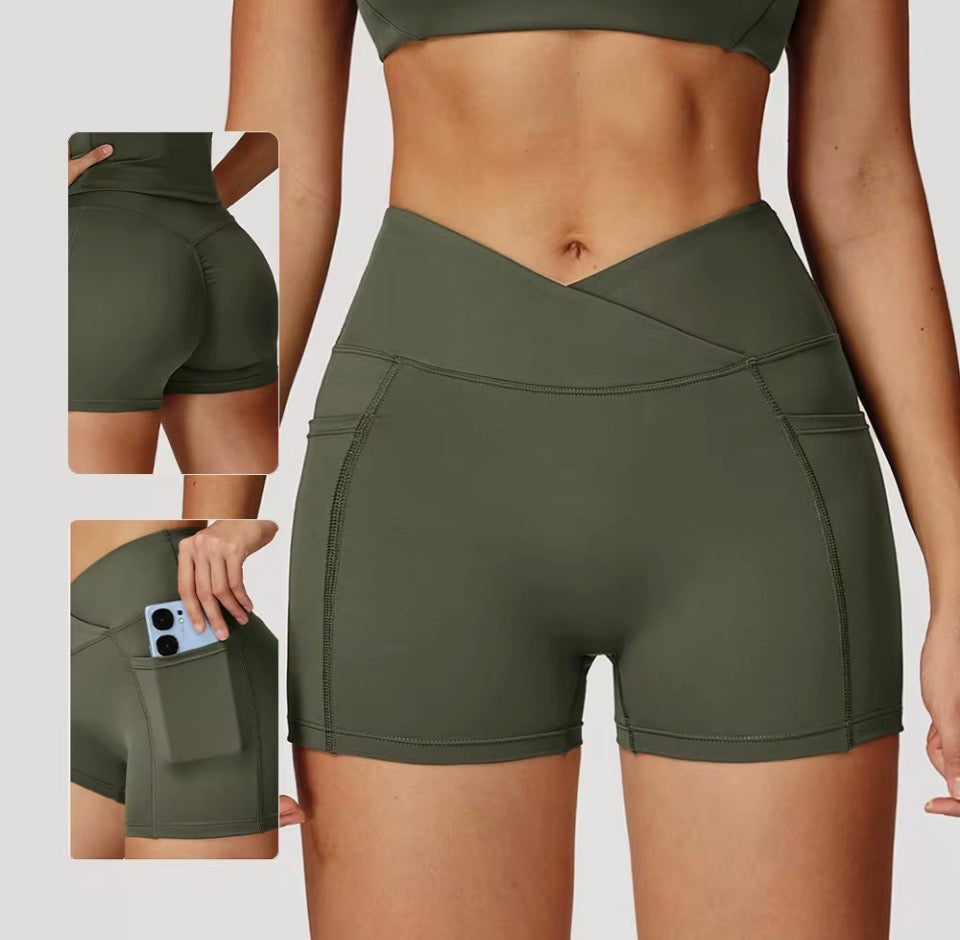 NoonFit Sculpt Pocket Şort | Yüksek Çapraz Belli Toparlayıcı Spor Şort Boz Gri