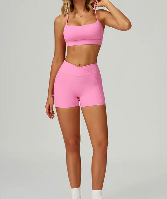 NoonFit Sculpt Pocket Şort | Yüksek Çapraz Belli Toparlayıcı Spor Şort Pembe