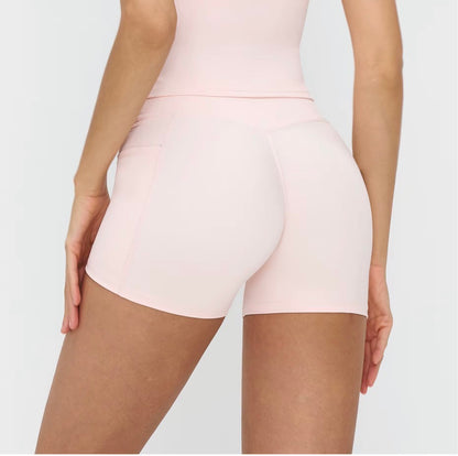 NoonFit Sculpt Pocket Şort | Yüksek Çapraz Belli Toparlayıcı Spor Şort Açık Pembe