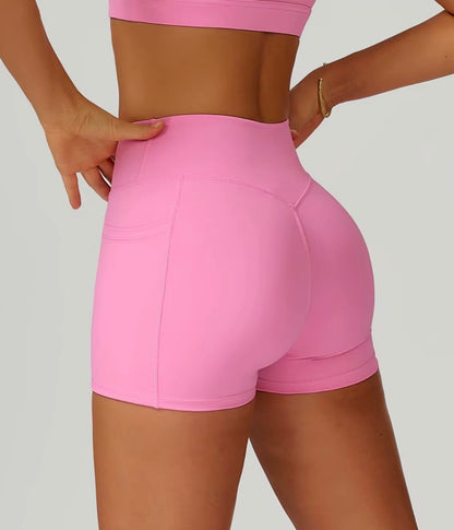 NoonFit Sculpt Pocket Şort | Yüksek Çapraz Belli Toparlayıcı Spor Şort Pembe