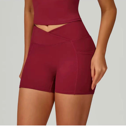 NoonFit Sculpt Pocket Şort | Yüksek Çapraz Belli Toparlayıcı Spor Şort Kırmızı