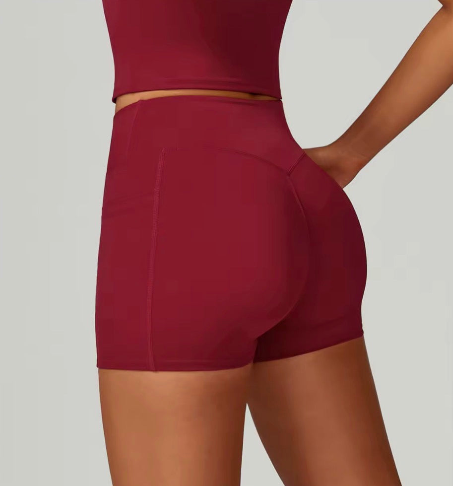 NoonFit Sculpt Pocket Şort | Yüksek Çapraz Belli Toparlayıcı Spor Şort Kırmızı