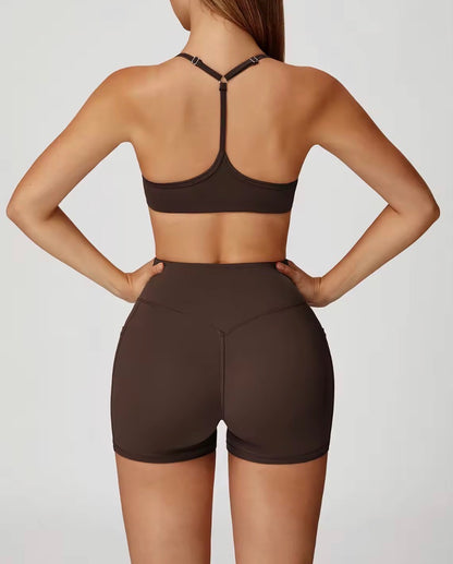 NoonFit Sculpt Pocket Şort | Yüksek Çapraz Belli Toparlayıcı Spor Şort Kahverengi