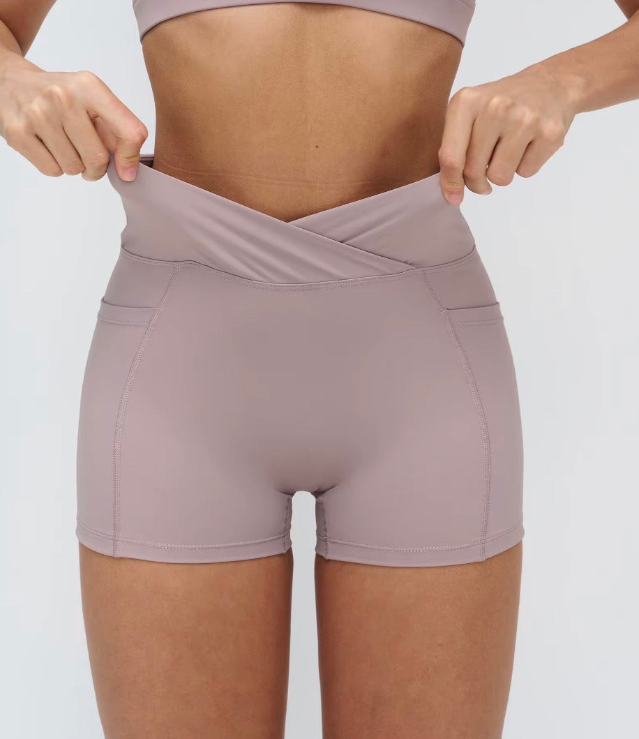 NoonFit Sculpt Pocket Şort | Yüksek Çapraz Belli Toparlayıcı Spor Şort Boz Gri