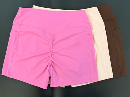 NoonFit Sculpt Pocket Şort | Yüksek Çapraz Belli Toparlayıcı Spor Şort Pembe