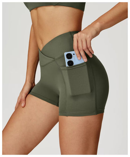 NoonFit Sculpt Pocket Şort | Yüksek Çapraz Belli Toparlayıcı Spor Şort Yeşil