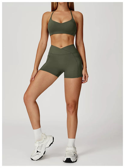 NoonFit Sculpt Pocket Şort | Yüksek Çapraz Belli Toparlayıcı Spor Şort Yeşil
