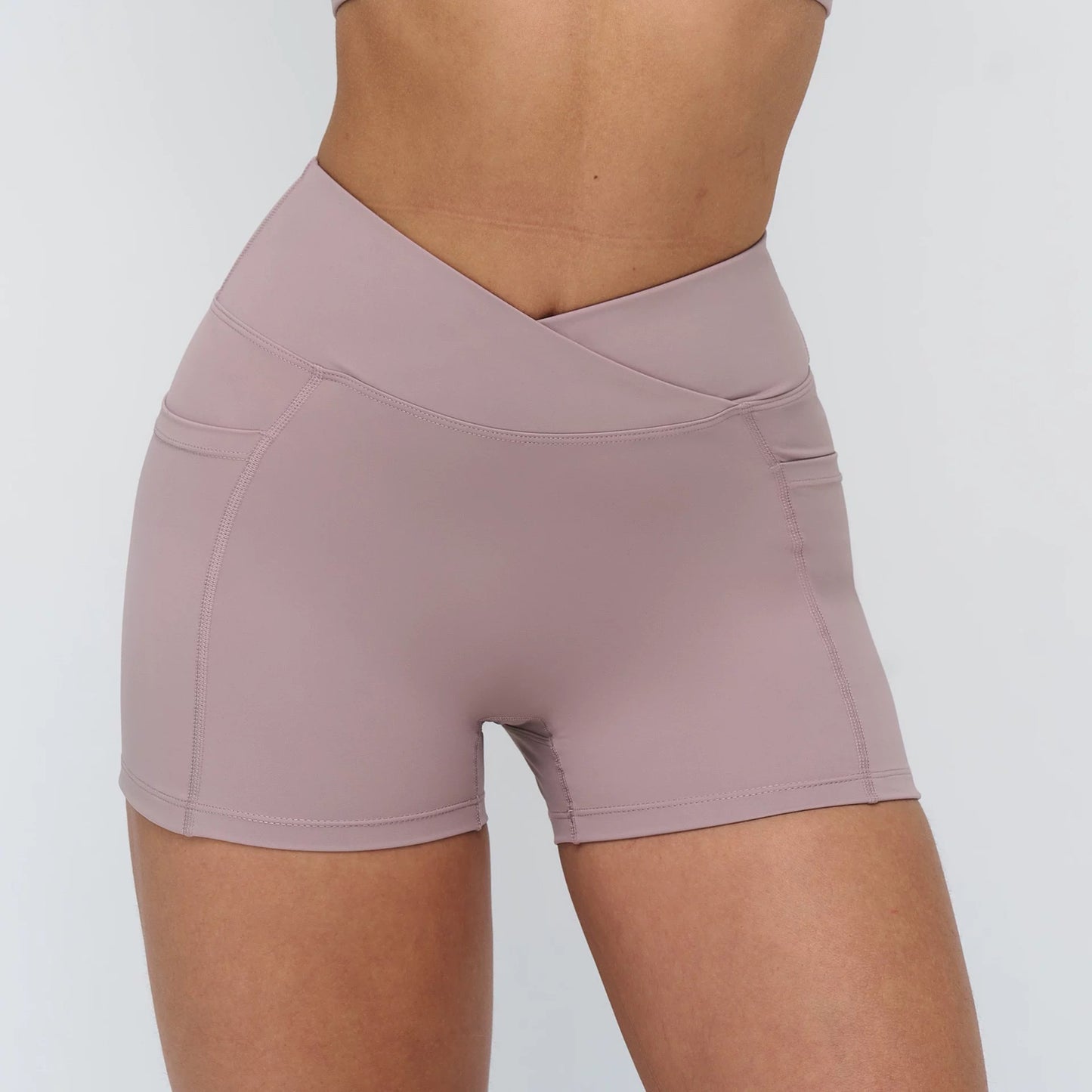 NoonFit Sculpt Pocket Şort | Yüksek Çapraz Belli Toparlayıcı Spor Şort Açık Pembe