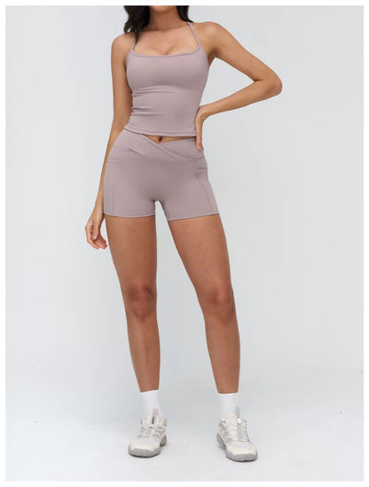NoonFit Sculpt Pocket Şort | Yüksek Çapraz Belli Toparlayıcı Spor Şort Boz Gri