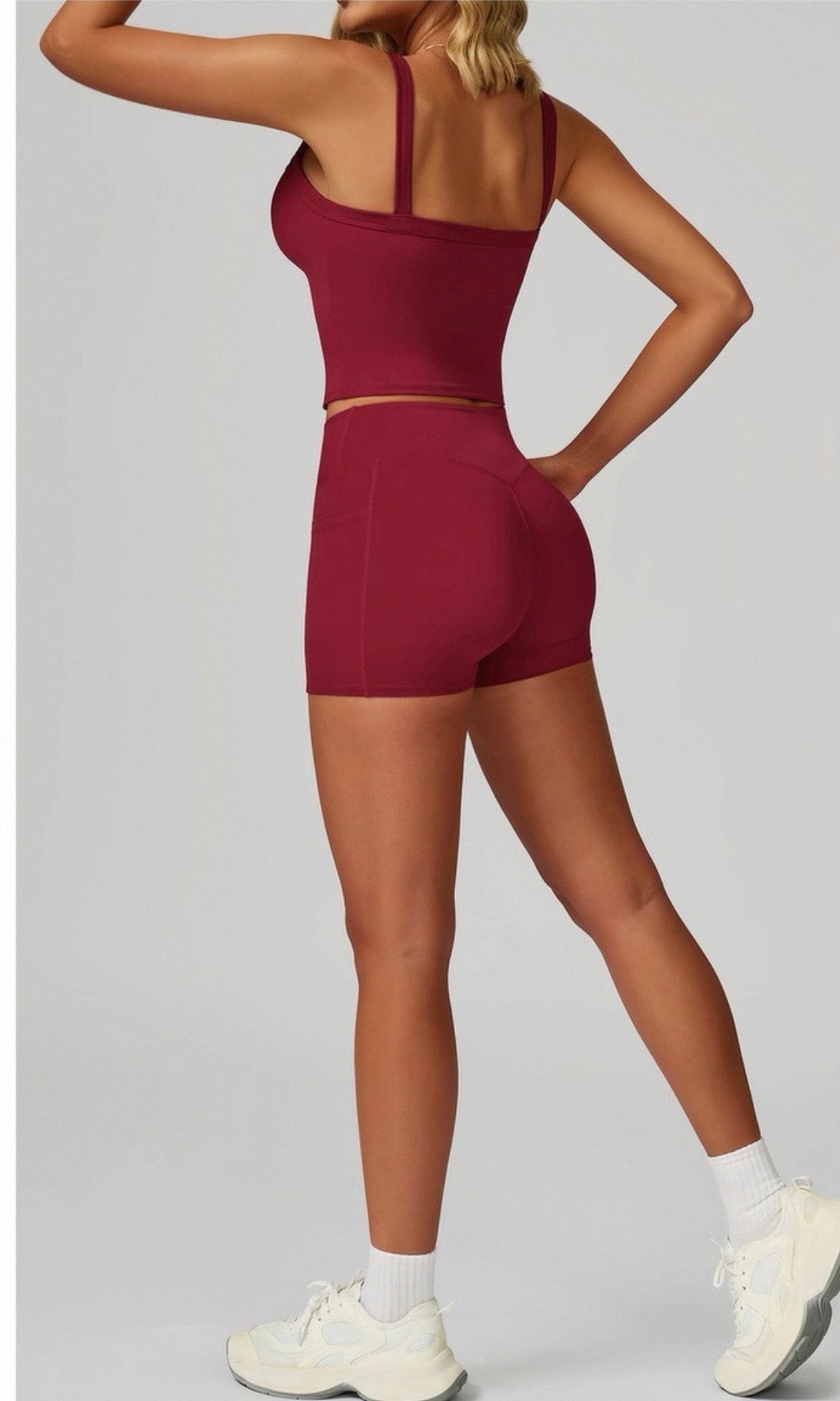 NoonFit Sculpt Pocket Şort | Yüksek Çapraz Belli Toparlayıcı Spor Şort Kırmızı