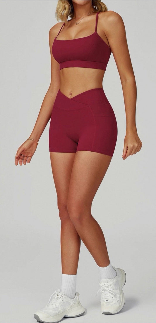 NoonFit Sculpt Pocket Şort | Yüksek Çapraz Belli Toparlayıcı Spor Şort Kırmızı