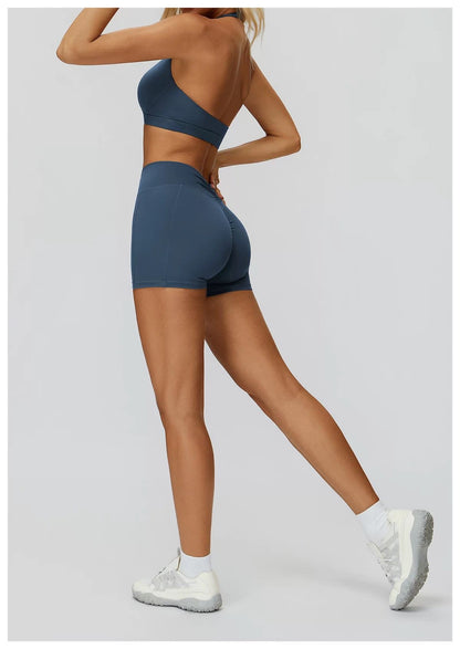 Noonfit Yüksek Bel Toparlayıcı Twist Detay Spor Şort & Destekli Spor Sütyen Takım Mavi