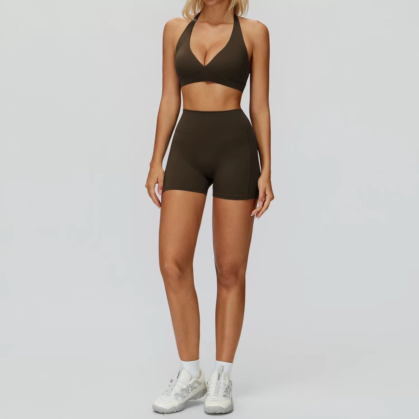 Noonfit Yüksek Bel Toparlayıcı Twist Detay Spor Şort & Destekli Spor Sütyen Takım Kahverengi