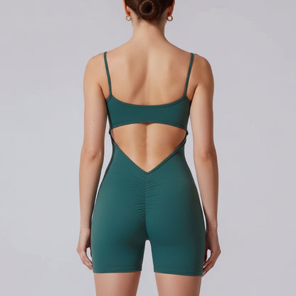 Kadın Sırtı Açık Spor Tulum – Kısa Tayt Form Fitness & Pilates Romper