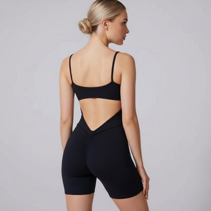 Kadın Sırtı Açık Spor Tulum – Kısa Tayt Form Fitness & Pilates Romper