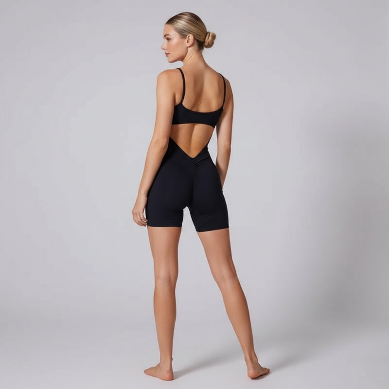 Kadın Sırtı Açık Spor Tulum – Kısa Tayt Form Fitness & Pilates Romper