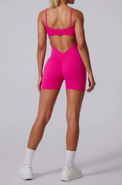 Kadın Sırtı Açık Spor Tulum – Kısa Tayt Form Fitness & Pilates Romper