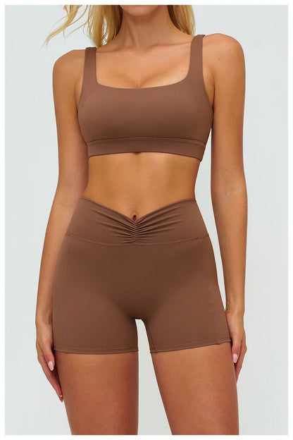 Noonfit Ön Büzgü Detaylı Yüksek Bel Toparlayıcı Şort Tayt (V Bel, Şekillendirici) Kahverengi