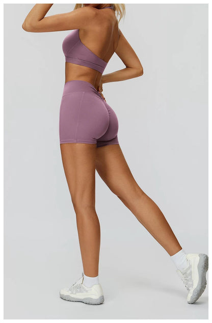 Noonfit Yüksek Bel Toparlayıcı Twist Detay Spor Şort & Destekli Spor Sütyen Takım Pembe